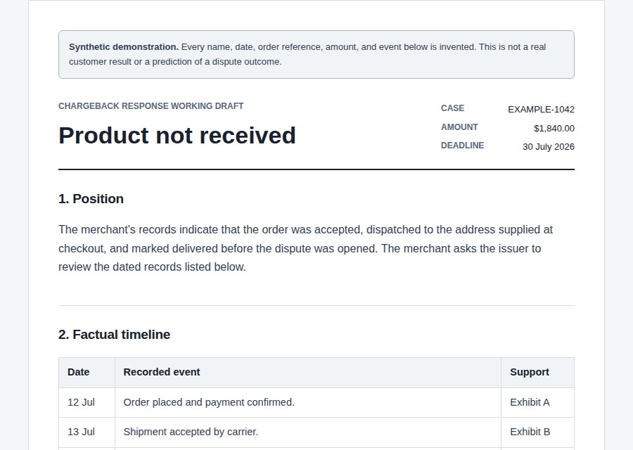 Preview of the synthetic evidence pack showing an invented high-value case summary, timeline, and exhibit table